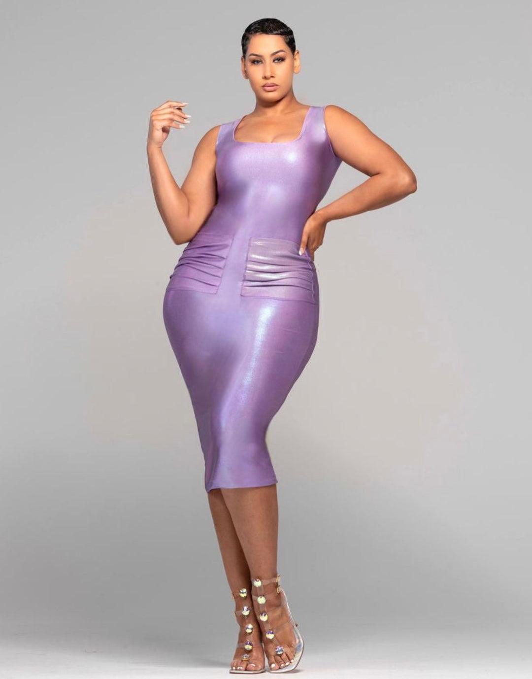 Michele Lopez Lilac Purple Sleeveless Square Neck Bodycon Dress with Pockets