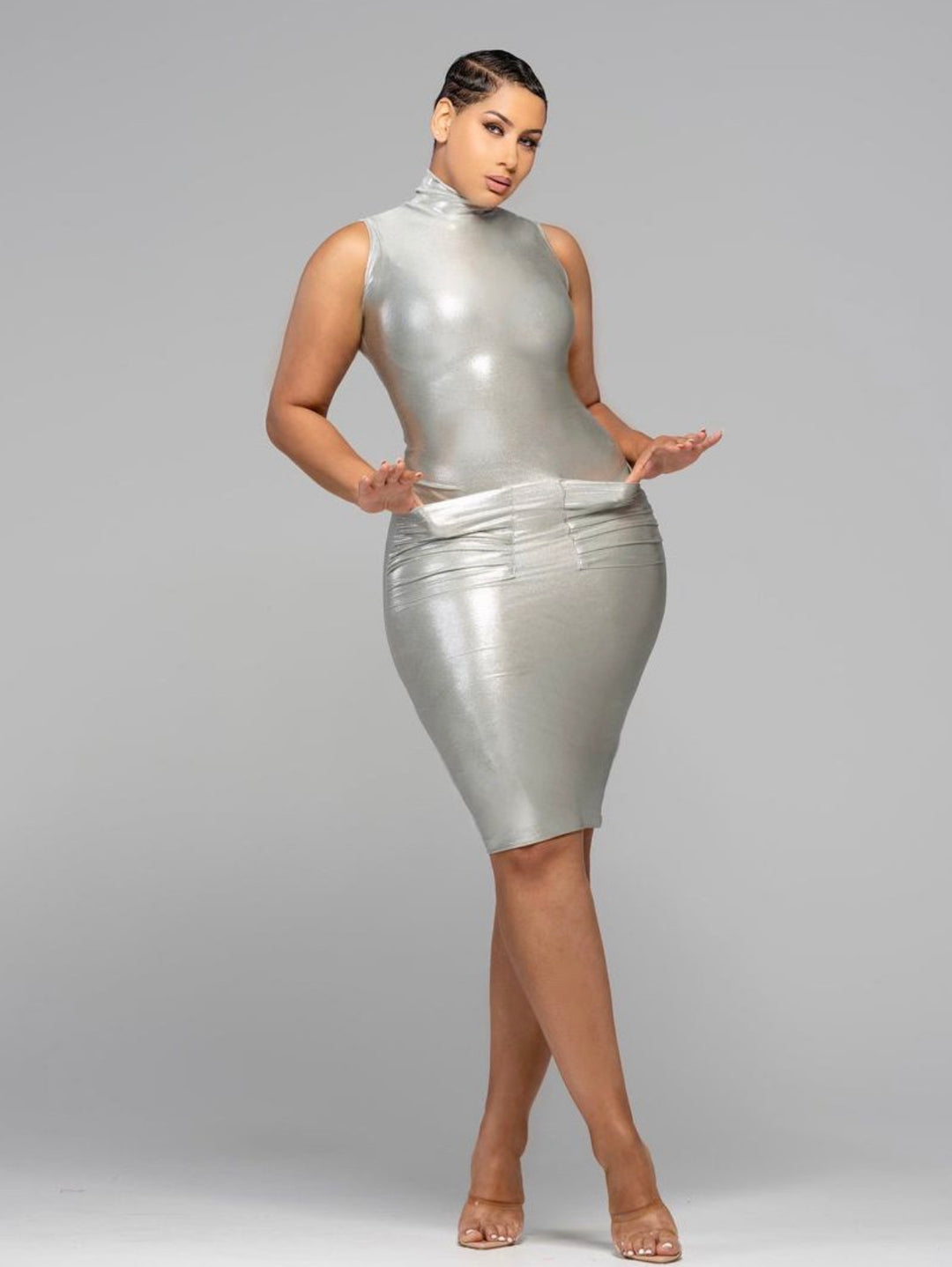 Michele Lopez Liquid Silver Sleeveless Knee Length Bodycon Dress with Pockets