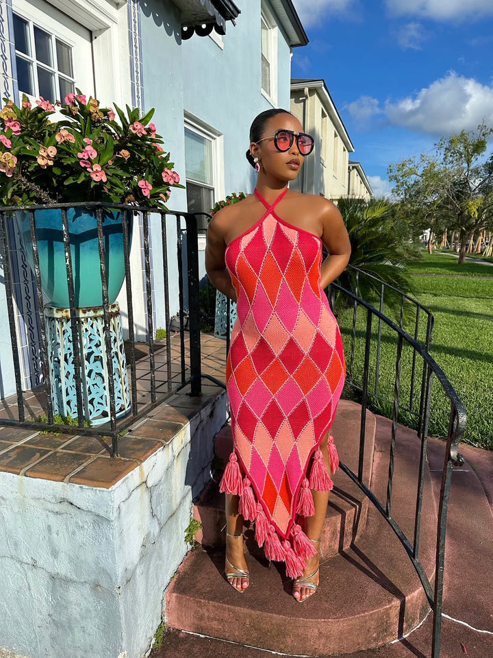 Meow and Barks Red and Pink Argyle Halter Dress