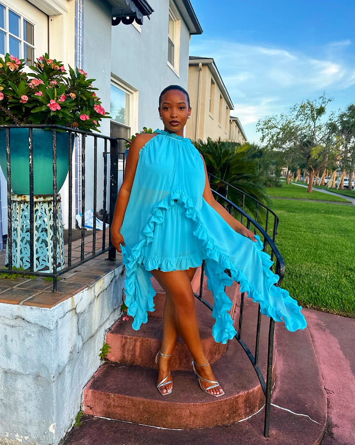 Meow and Barks Teal Blue Cascade Skirt Set