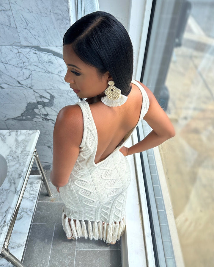 Meow and Barks Fringe White Maxi Dress