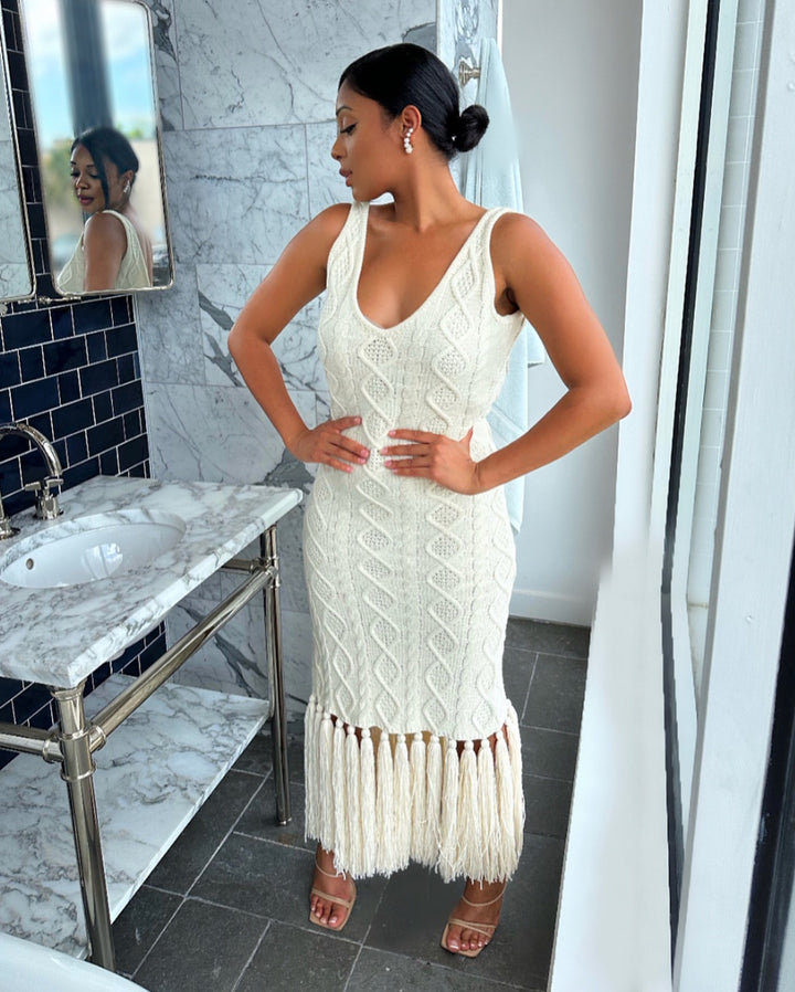 Meow and Barks Fringe White Maxi Dress