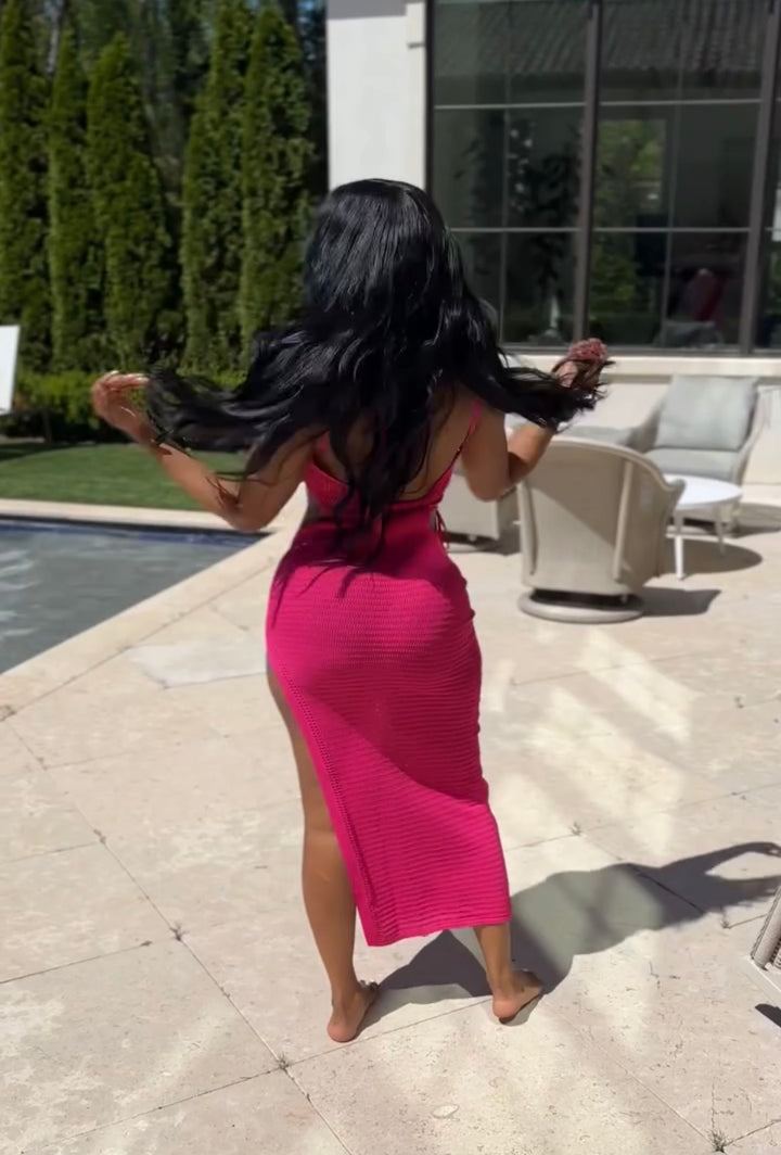 Keylows Hot Pink Halter Knit Backless Crochet Dress