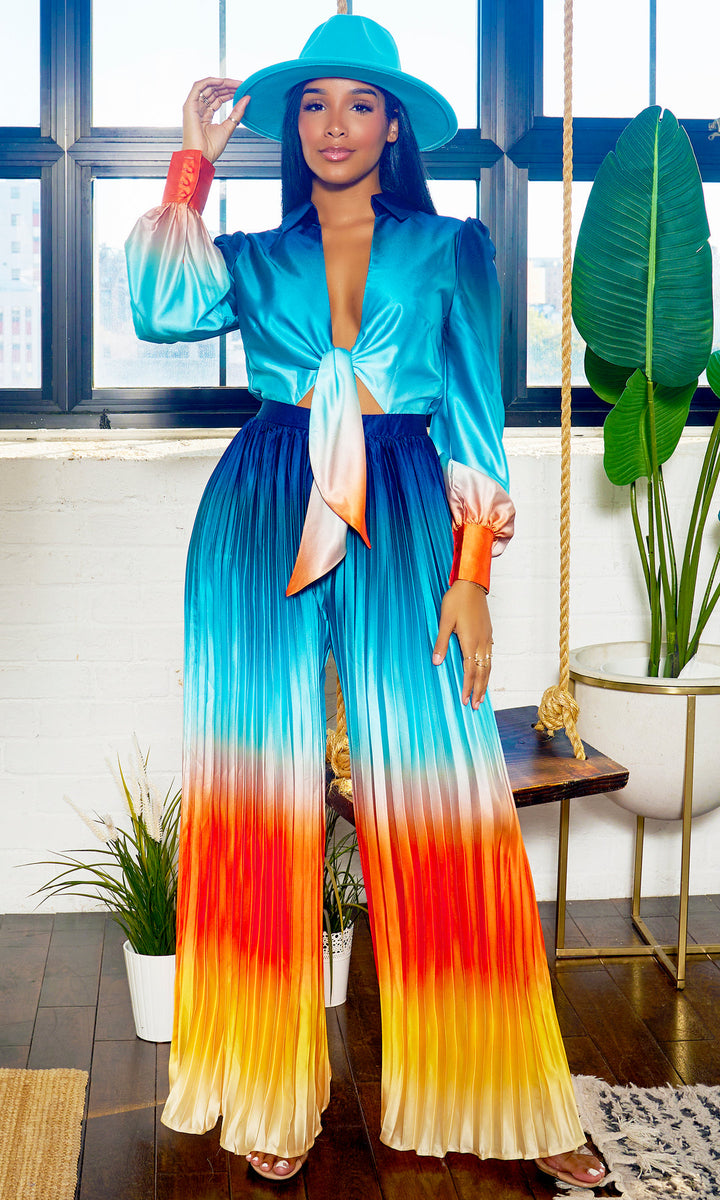 Cutely Covered Glam Pleated Jumpsuit Teal/Green Ombré (As Worn by Mya)