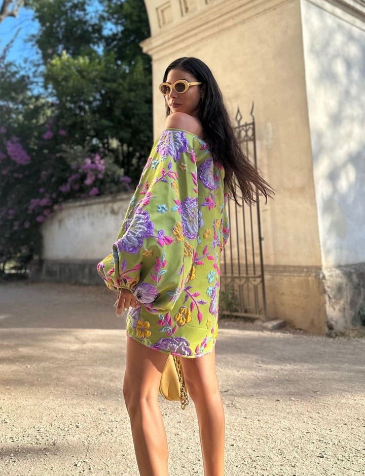 Arianne Elmy Floral Good Luck Party Dress in Retro Green