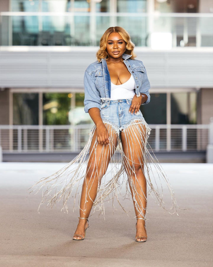 Oyemwen Renaissance Concert Fringe Denim Shorts