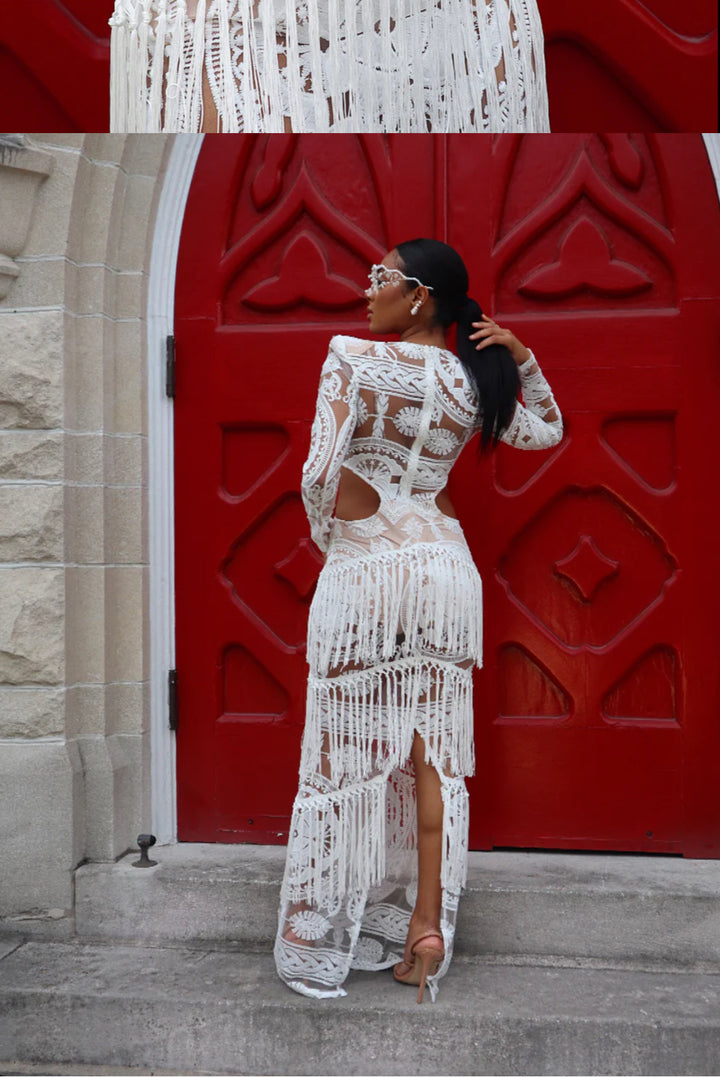 Meow and Barks Cannes White Lace Fringe Dress