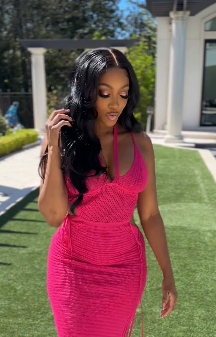 Keylows Hot Pink Halter Knit Backless Crochet Dress