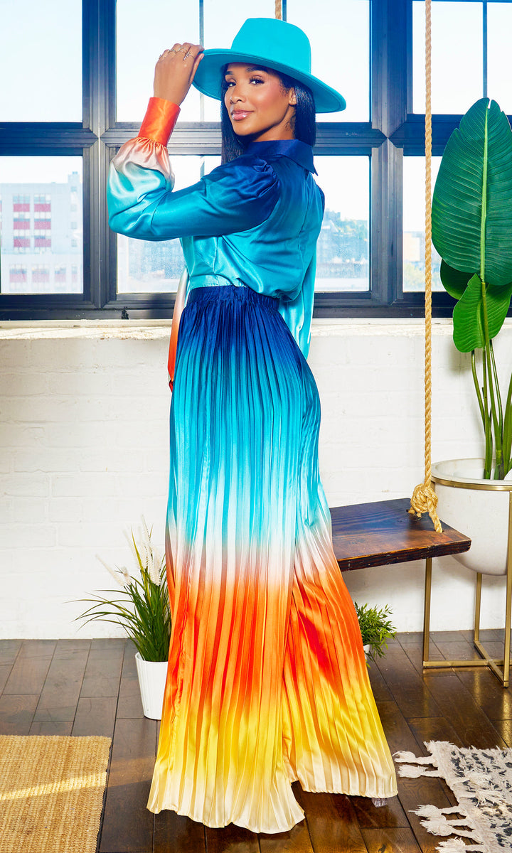 Cutely Covered Glam Pleated Jumpsuit Teal/Green Ombré (As Worn by Mya)