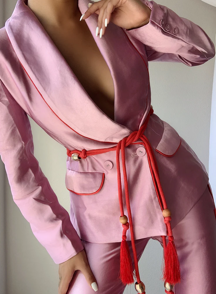 ZCrave Art Tasseled Satin Blazer + Pants (Two-Piece Set) in Pink (As Worn by Ciara)