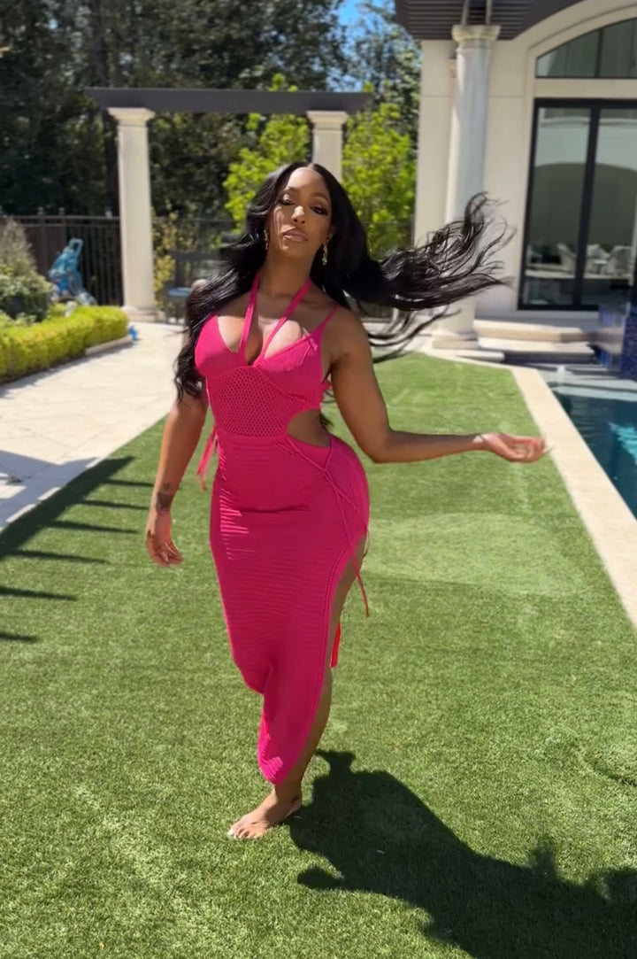 Keylows Hot Pink Halter Knit Backless Crochet Dress