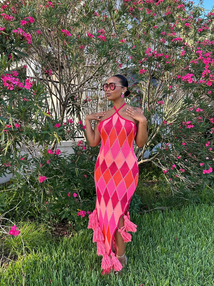 Meow and Barks Red and Pink Argyle Halter Dress