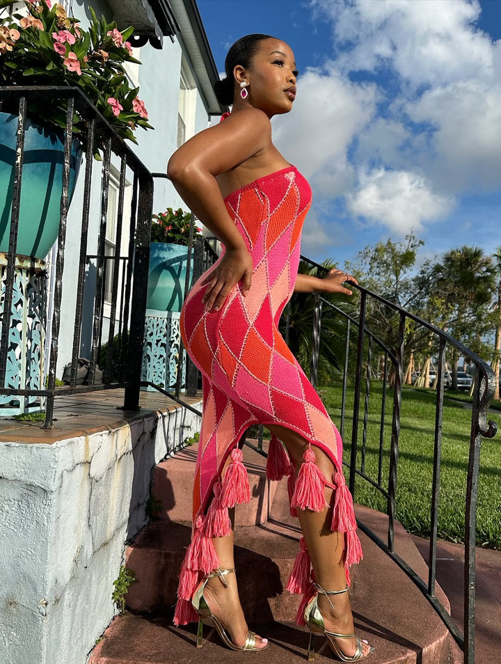 Meow and Barks Red and Pink Argyle Halter Dress