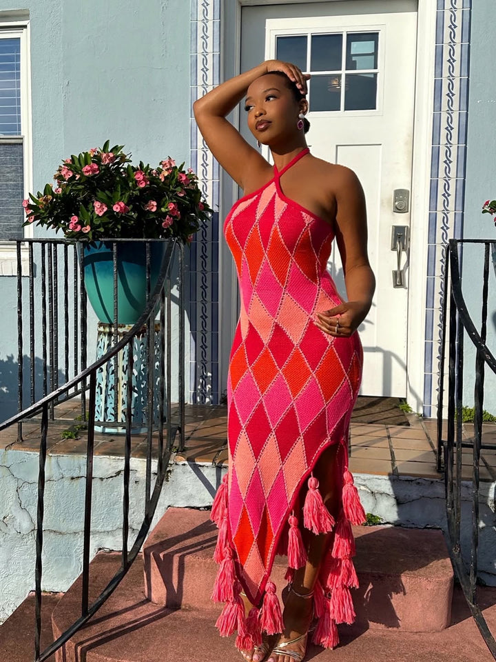 Meow and Barks Red and Pink Argyle Halter Dress