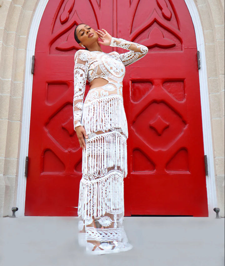 Meow and Barks Cannes White Lace Fringe Dress