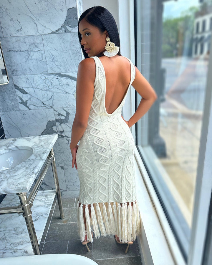 Meow and Barks Fringe White Maxi Dress