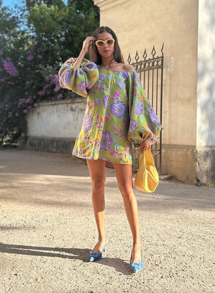 Arianne Elmy Floral Good Luck Party Dress in Retro Green