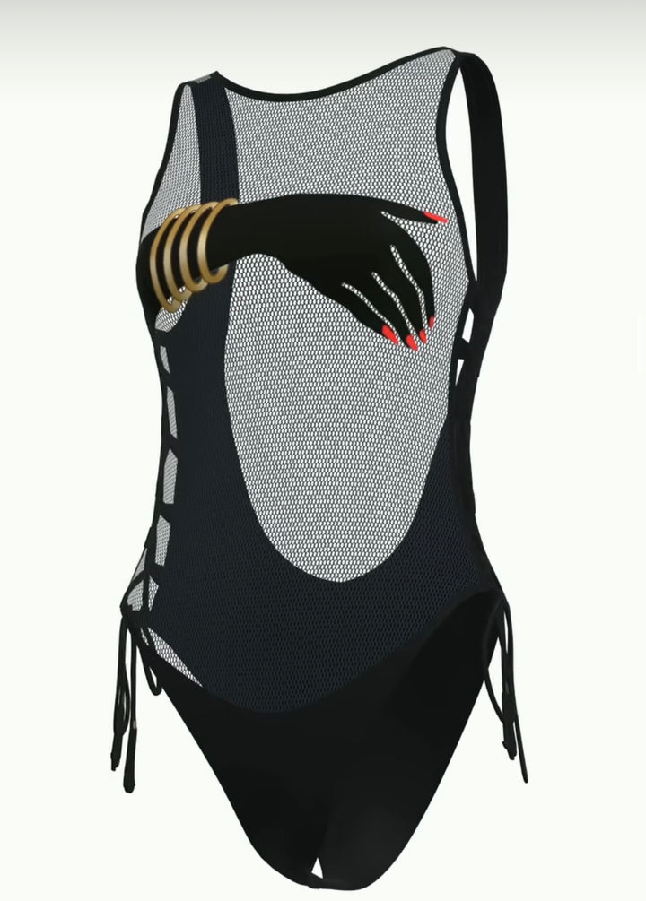 G Saints Queen of the Beach Hand Black Mesh Swimsuit (PRESELL WILL SHIP out January 31st) (As Worn by Angela Simmons )