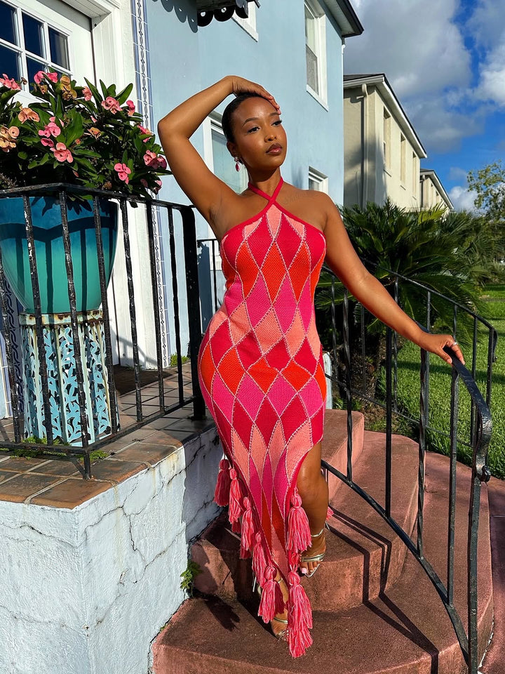 Meow and Barks Red and Pink Argyle Halter Dress