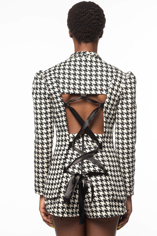 HOUNDSTOOTH LACE-UP BACK BLAZER