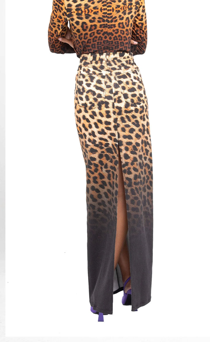 BruceGlen Cheetah Ombre Maxi Denim Skirt