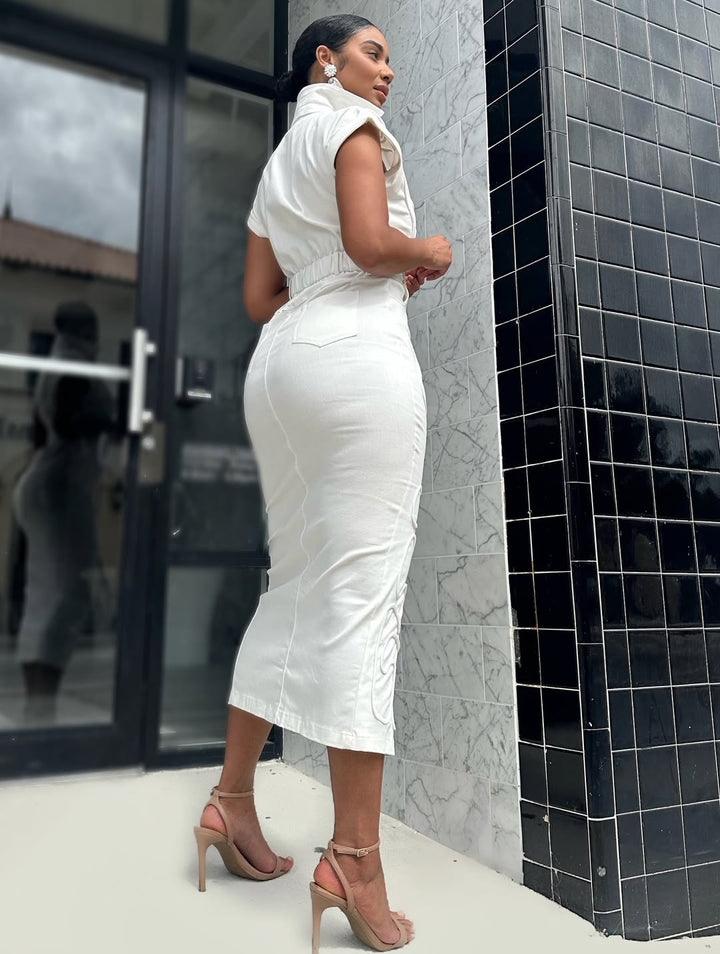 Meow and Barks White Stretch Pipe Down Denim Dress