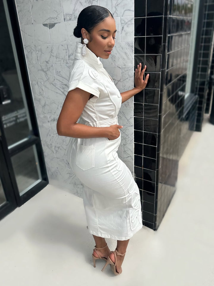 Meow and Barks White Stretch Pipe Down Denim Dress