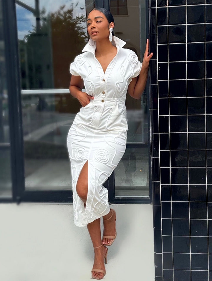 Meow and Barks White Stretch Pipe Down Denim Dress