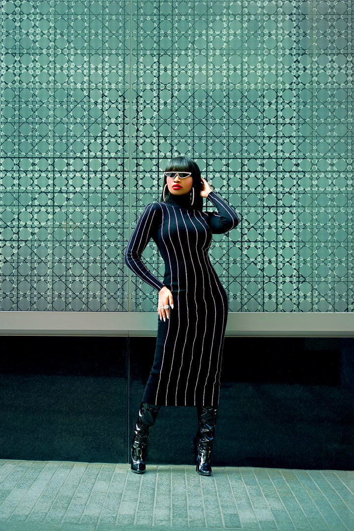 Madam Mystique Ava Crystal Pinstripe Sweater Dress (Black)