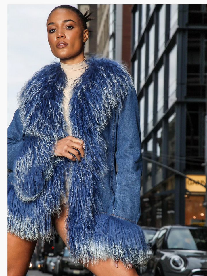 ZCRAVE Denim Mongolian Shearling Short Jacket