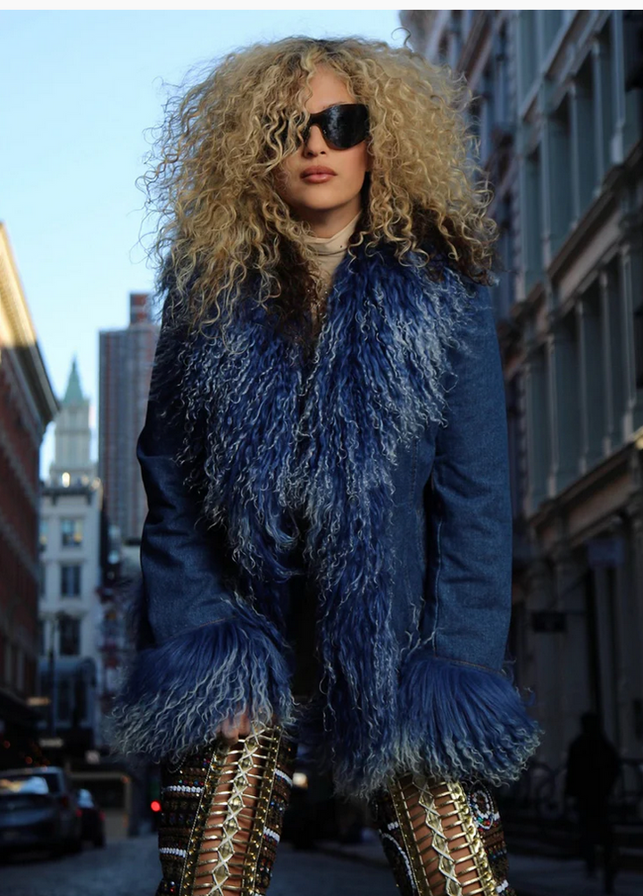 ZCRAVE Denim Mongolian Shearling Short Jacket