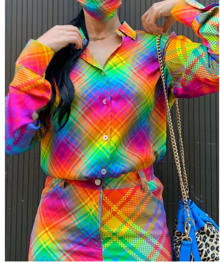 BruceGlen RAINBOW BIAS PLAID SILKY Button Down Shirt