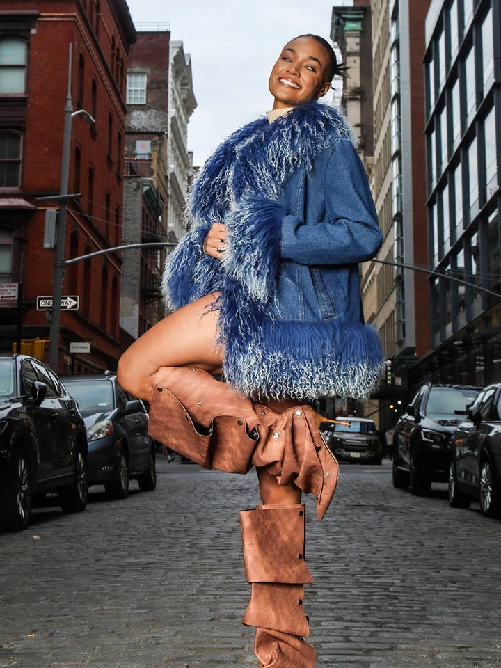 ZCRAVE Denim Mongolian Shearling Short Jacket