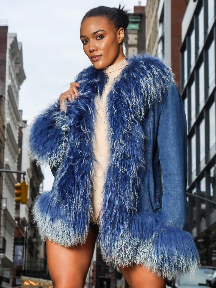 ZCRAVE Denim Mongolian Shearling Short Jacket