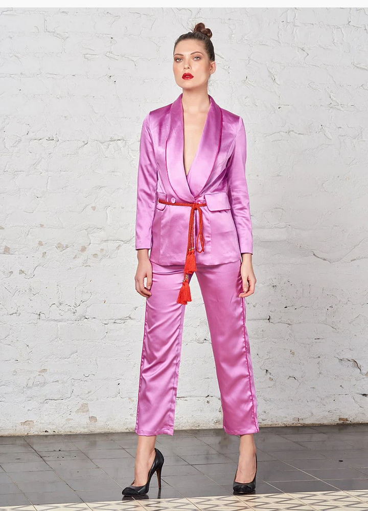 ZCrave Art Tasseled Satin Blazer + Pants (Two-Piece Set) in Pink (As Worn by Ciara)