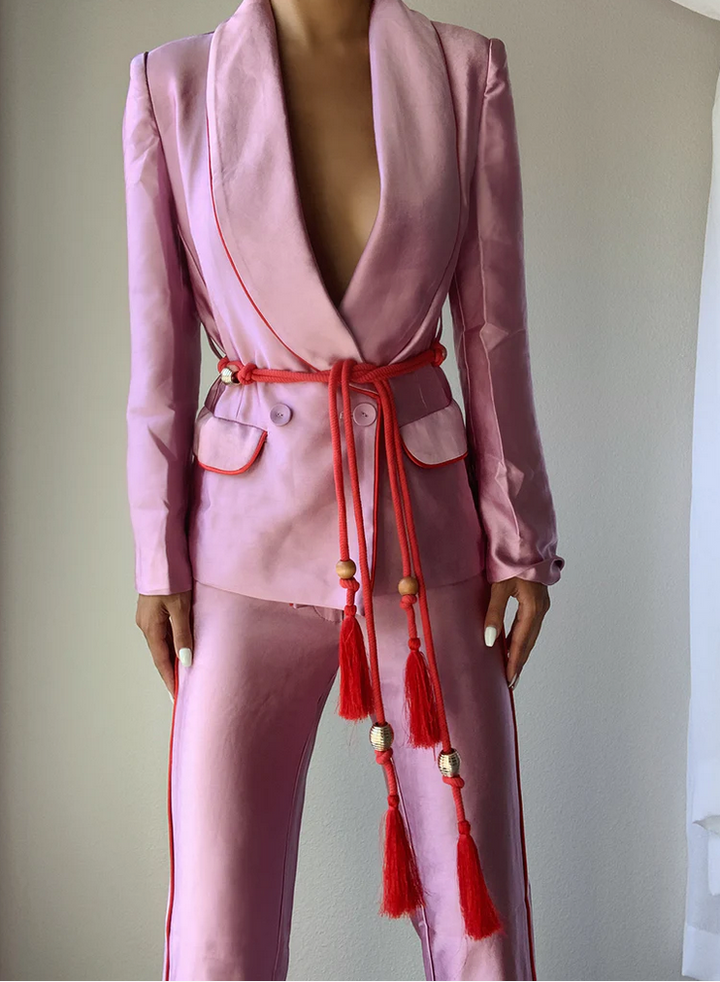 ZCrave Art Tasseled Satin Blazer + Pants (Two-Piece Set) in Pink (As Worn by Ciara)