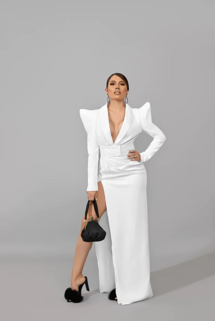 Asuso Couture Akwiri White High Slit Strong Shoulder Dress