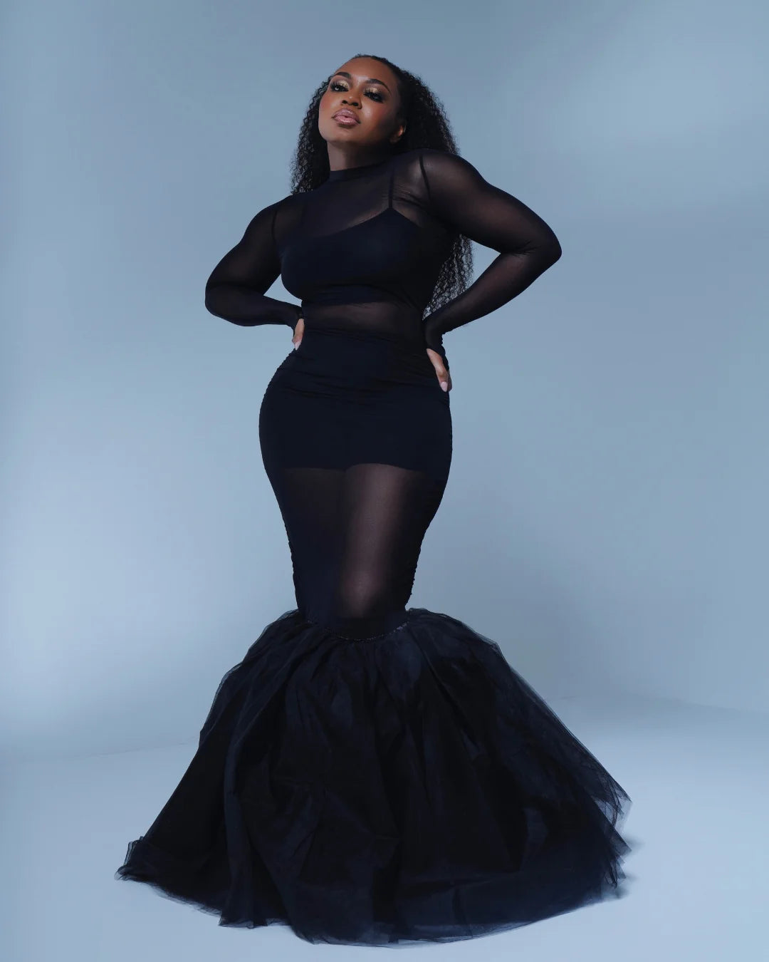 Oyemwen Black Tulle Sheer Mermaid Maxi Dress Oyemwen Black Tulle Sheer Mermaid Maxi Dress