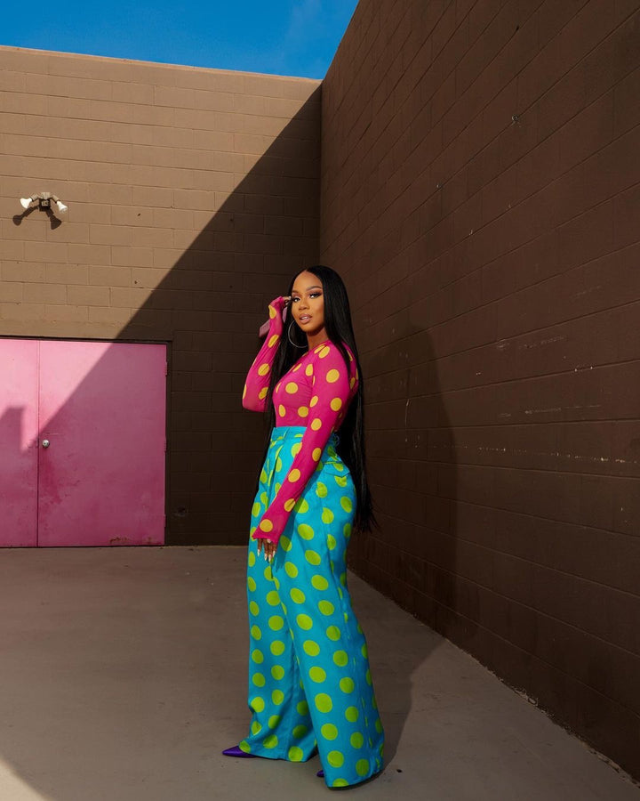 BruceGlen Blue and Green Polka Dot Printed Pants (As Worn by Sarah Jakes Roberts)
