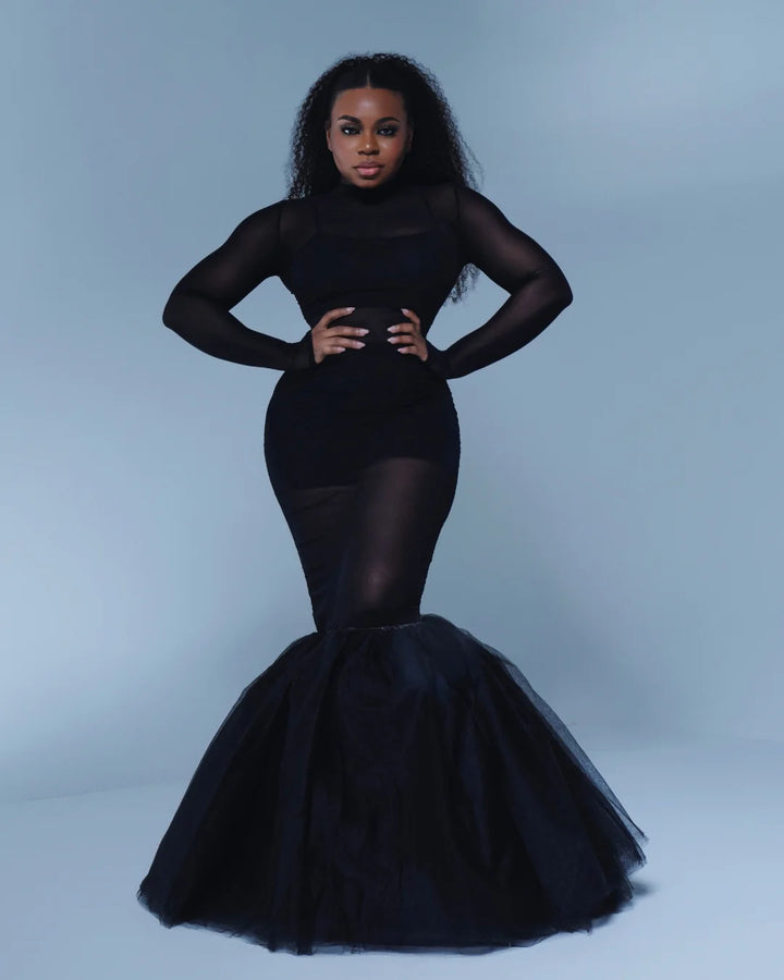 Oyemwen Black Tulle Sheer Mermaid Maxi Dress