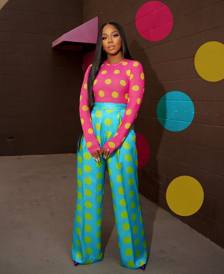 BruceGlen Blue and Green Polka Dot Printed Pants (As Worn by Sarah Jakes Roberts)
