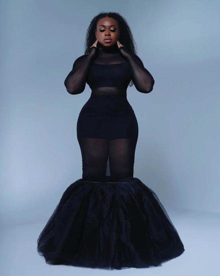 Oyemwen Black Tulle Sheer Mermaid Maxi Dress
