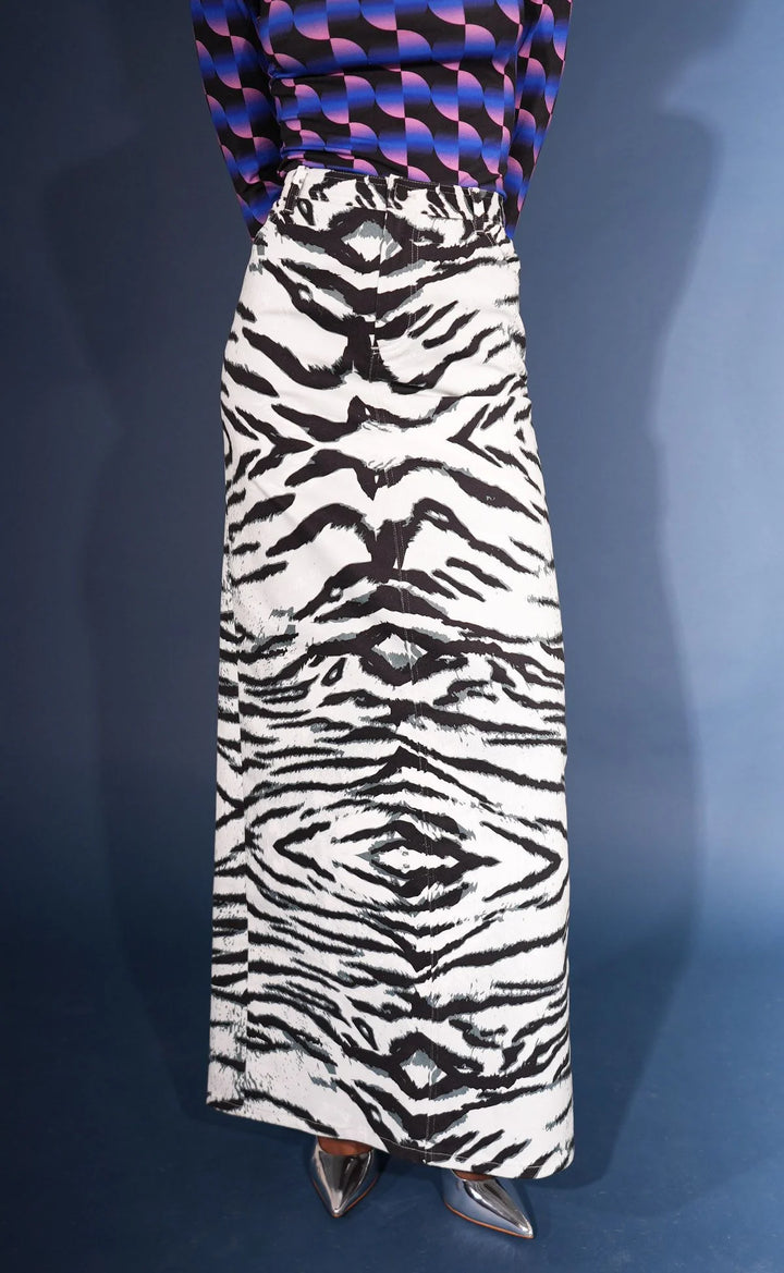 BruceGlen Black and White Snow Tiger High Waist Denim Skirt (As Worn by Sarah Jakes Roberts)