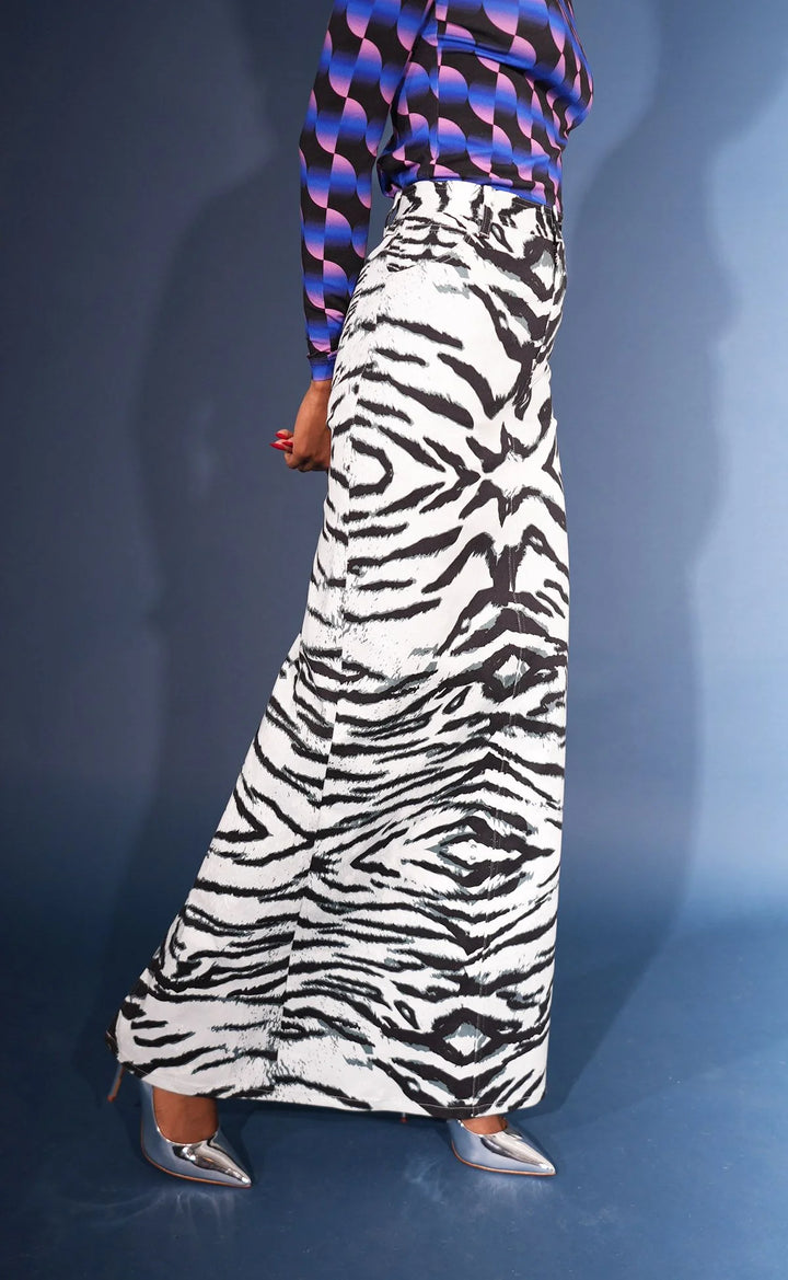 Bruce Glen Black and White Snow Tiger High Waist Denim Skirt (As Worn by Sarah Jakes Roberts)