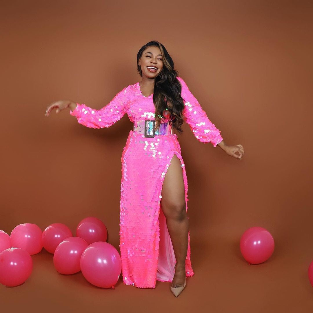 Barbie Pink Custom Oyemwen Sequin High Slit Birthday Dress M Barbie Pink Custom Oyemwen Sequin High Slit Birthday Dress M
