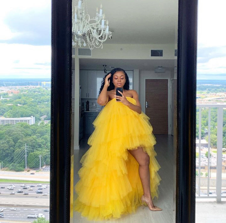 Oyemwen Veronica Tiered High Low Tulle Maxi Tutu Dress Yellow as Worn by Wendy Williams