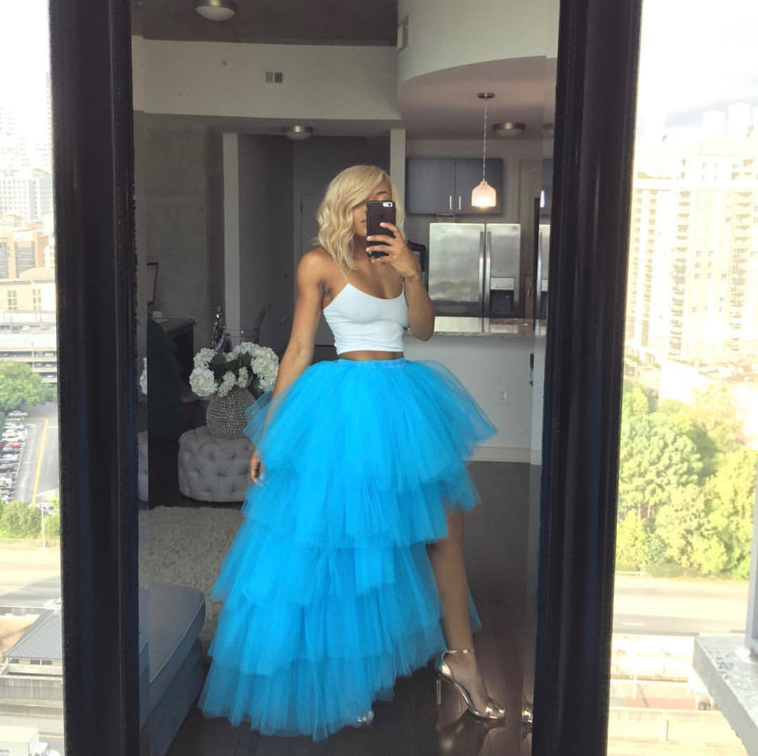 Oyemwen Tiered High Low Tulle Maxi Tutu Skirt Pool Blue