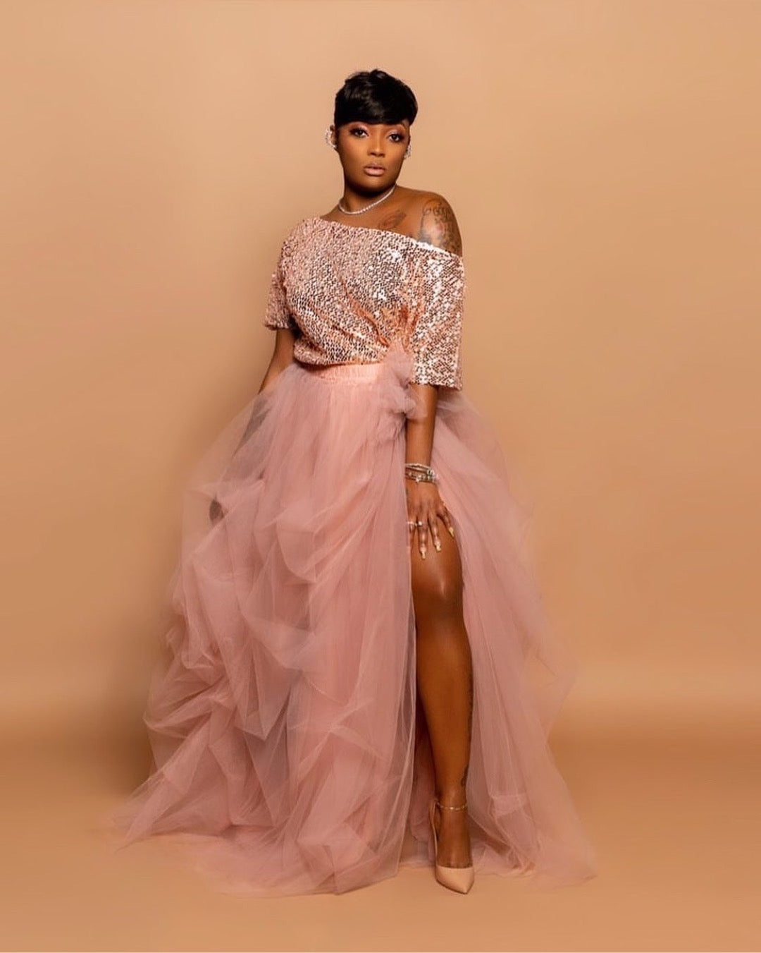 Oyemwen Sequined High Slit Maxi Tutu Skirt Set in Mauve – Fashion