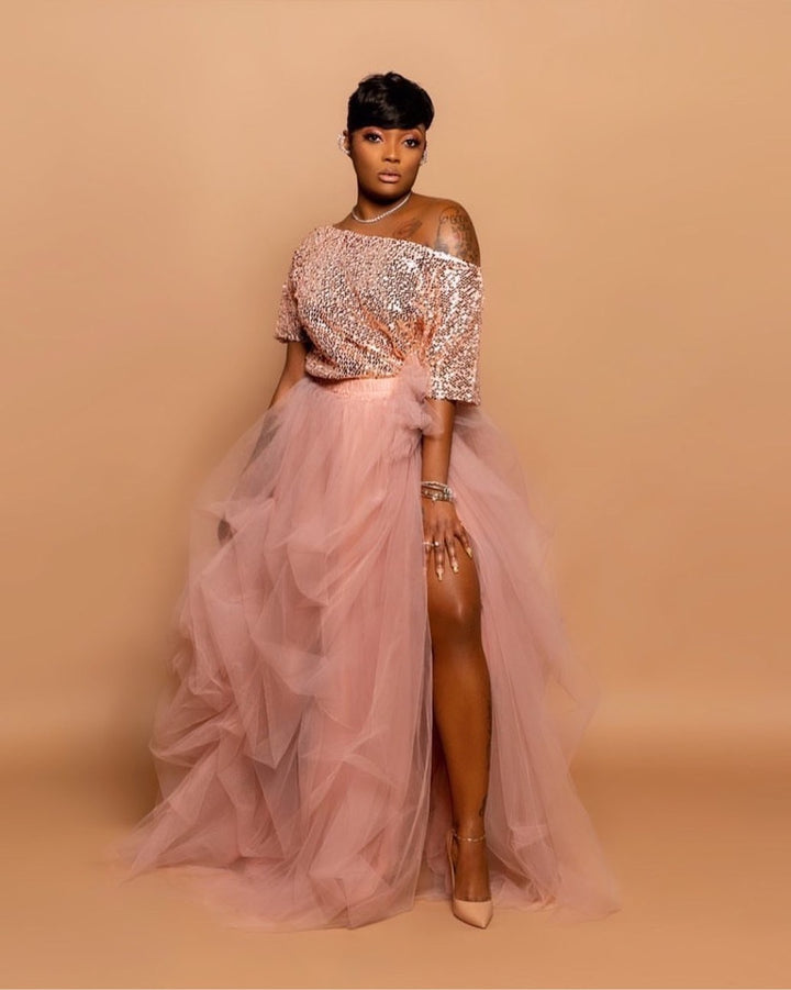 Oyemwen Sequined High Slit Maxi Tutu Skirt Set in Mauve