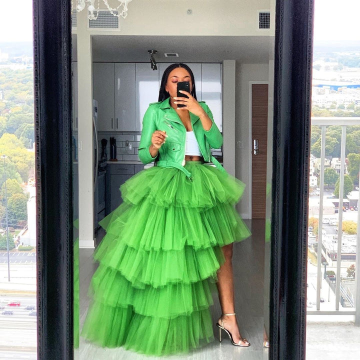 Oyemwen Tiered High Low Tulle Maxi Tutu Skirt Green
